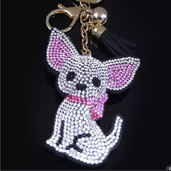 CHIHUAHUA KEYCHAIN SILVER AND PINK RHINESTONES DOG LOVERS - Picture 5 of 6